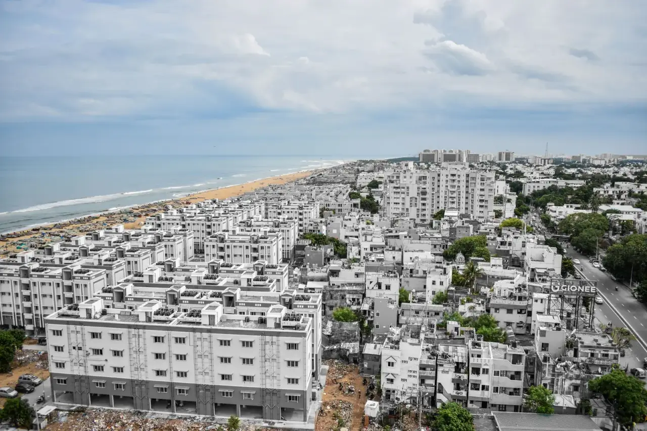 Aerial view of Chennai with the coastline behind