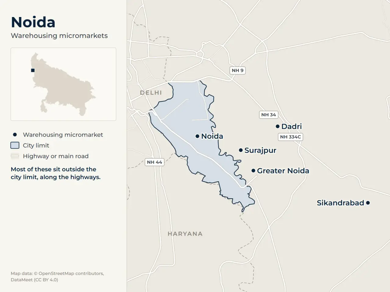 Map of Noida marking its warehousing micromarkets: Noida, Greater Noida, Surajpur, Dadri and Sikandrabad