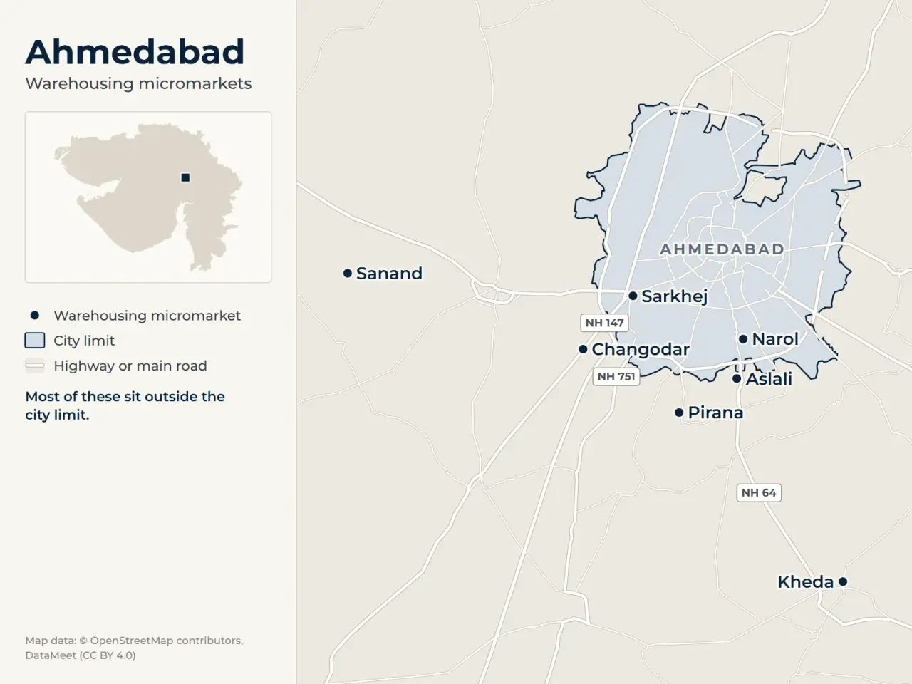 Map of Ahmedabad marking its warehousing micromarkets: Sanand, Aslali, Narol, Sarkhej, Changodar, Kheda and Pirana