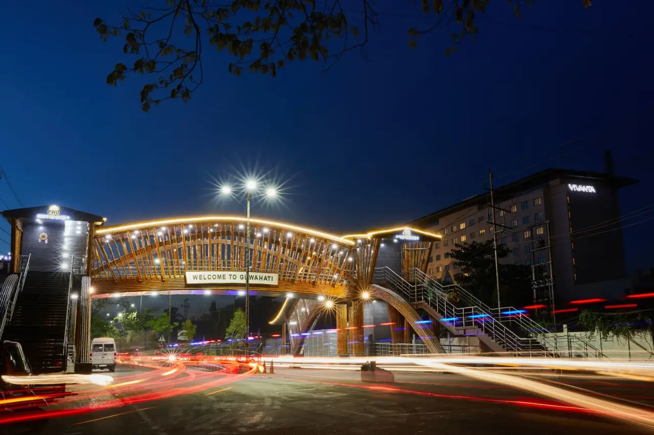 Guwahati at night with light trails on a city road