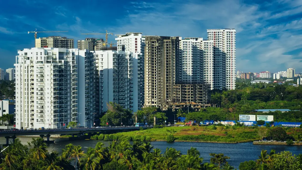 Kochi skyline of high-rise apartments above the backwaters