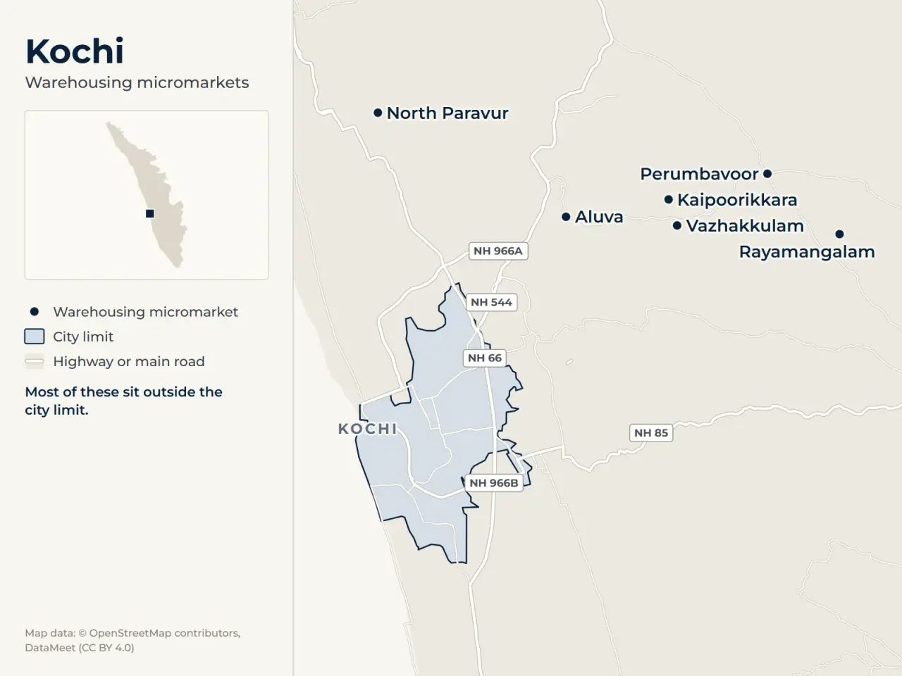 Map of Kochi marking its warehousing micromarkets: Aluva, Kaipoorikkara, Vazhakkulam, Perumbavoor, Rayamangalam and North Paravur