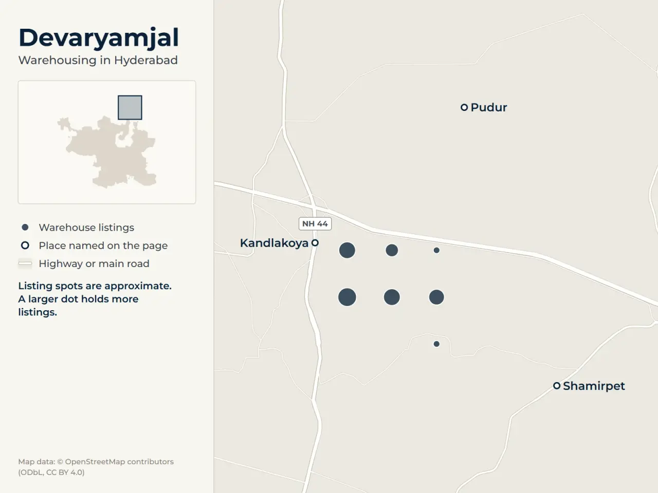 Map of Devaryamjal, Hyderabad, showing where WareOnGo's warehouse listings sit around Pudur, Kandlakoya and Shamirpet