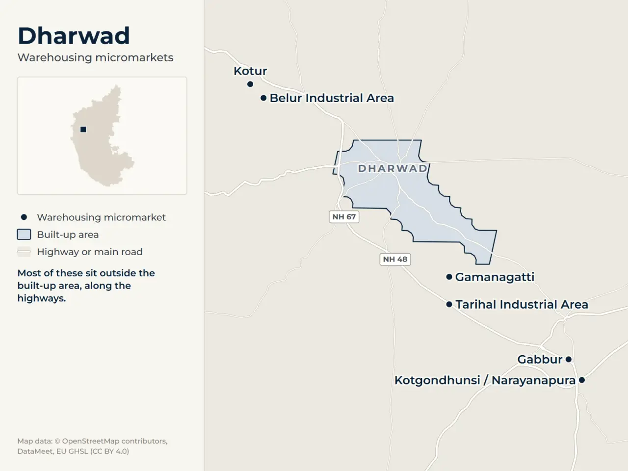 Map of Dharwad marking its warehousing micromarkets: Belur Industrial Area, Kotur, Gamanagatti, Tarihal Industrial Area, Kotgondhunsi / Narayanapura and Gabbur