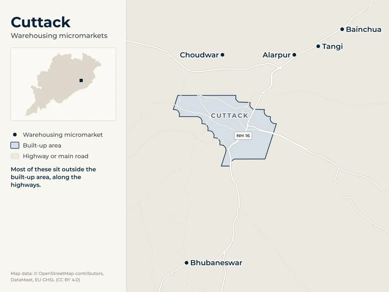 Map of Cuttack marking its warehousing micromarkets: Alarpur, Choudwar, Bainchua, Tangi and Bhubaneswar