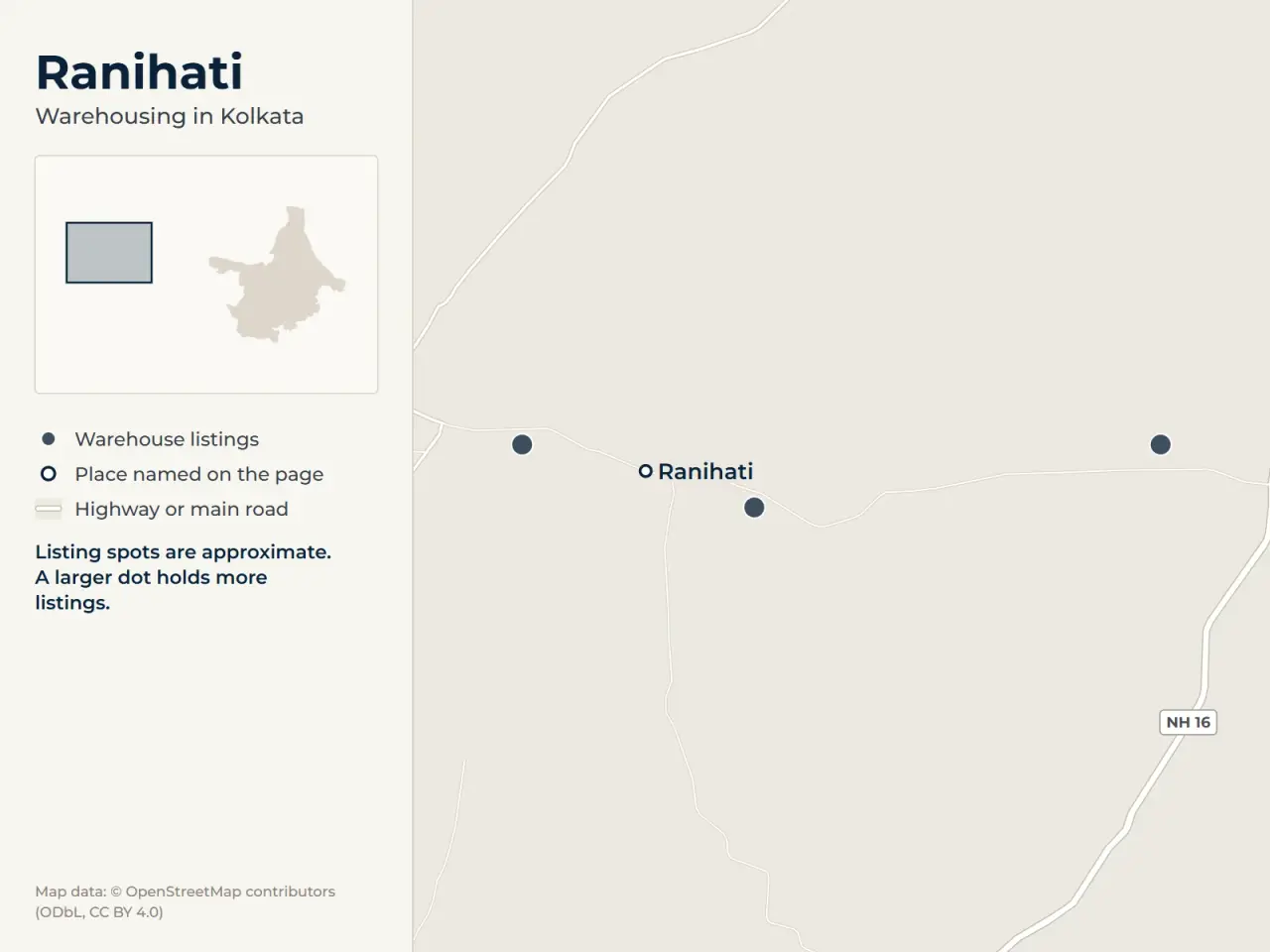 Map of Ranihati, Kolkata, showing where WareOnGo's warehouse listings sit around Ranihati