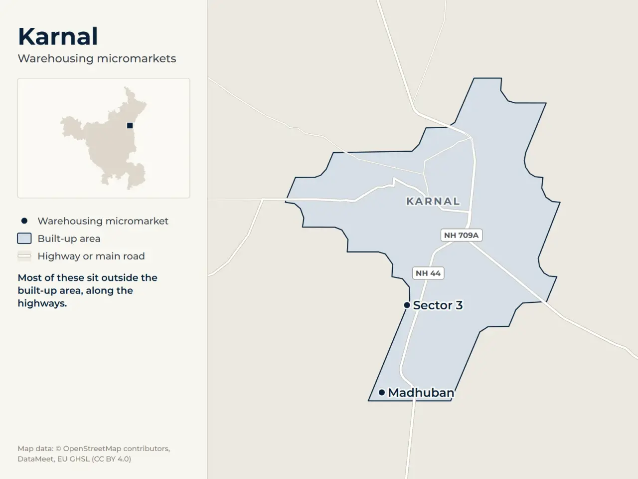 Map of Karnal marking its warehousing micromarkets: Sector 3 and Madhuban