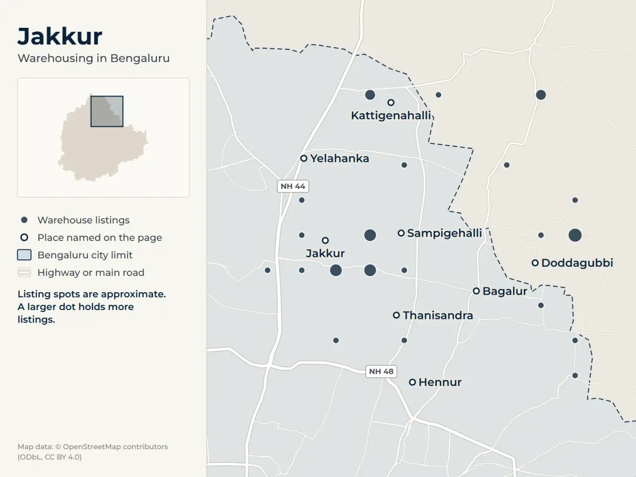 Map of Jakkur, Bengaluru, showing where WareOnGo's warehouse listings sit around Jakkur, Sampigehalli, Yelahanka, Kattigenahalli, Thanisandra, Hennur, Bagalur and Doddagubbi