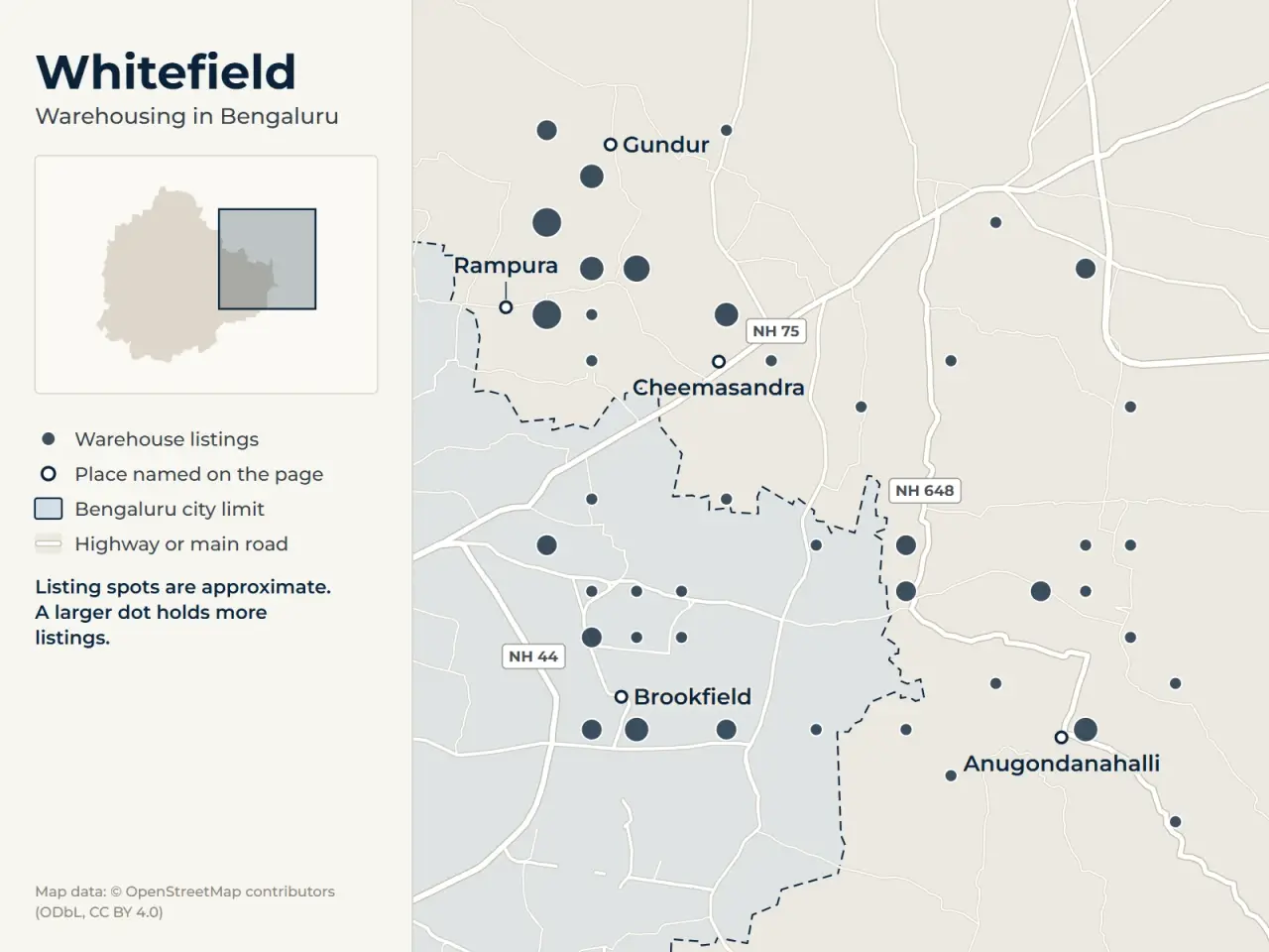 Map of Whitefield, Bengaluru, showing where WareOnGo's warehouse listings sit around Brookfield, Cheemasandra, Anugondanahalli, Rampura and Gundur