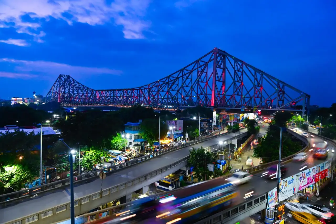 Howrah Bridge in Kolkata lit up in the evening