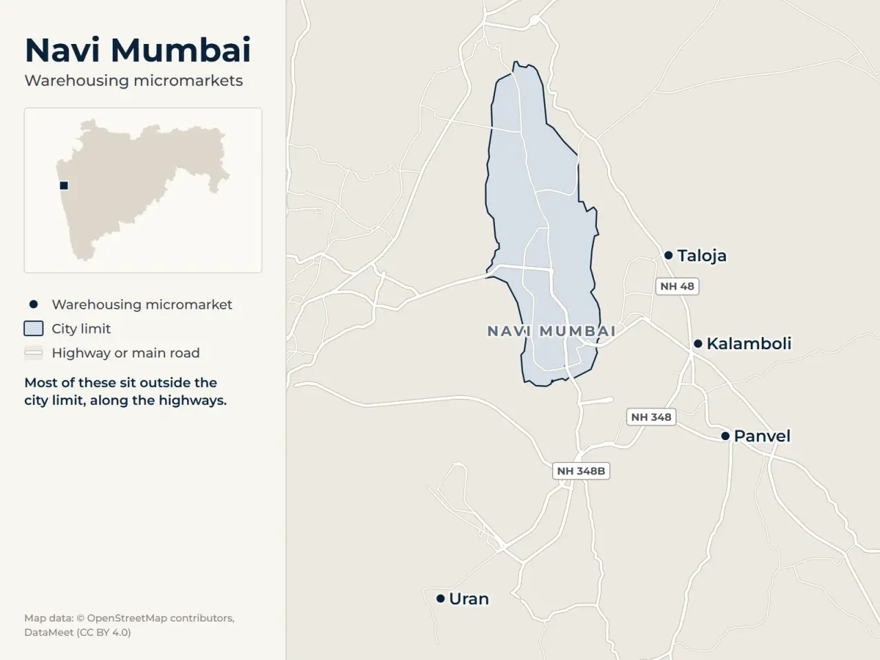 Map of Navi Mumbai marking its warehousing micromarkets: Panvel, Kalamboli, Uran and Taloja