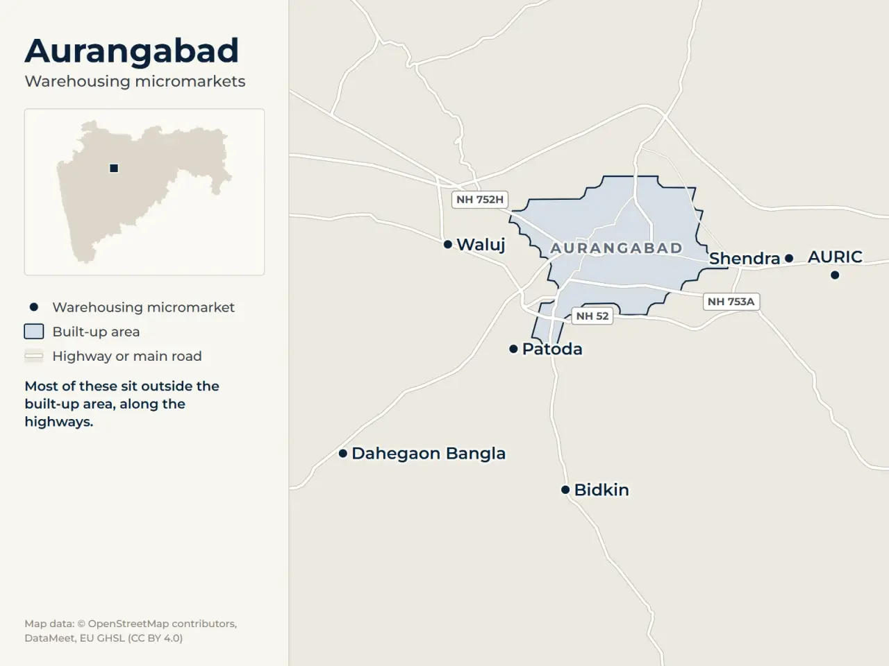Map of Aurangabad marking its warehousing micromarkets: Waluj, Patoda, Dahegaon Bangla, Shendra, AURIC and Bidkin