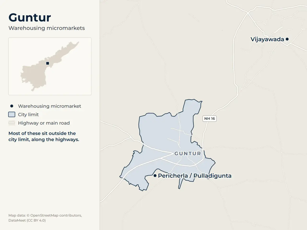 Map of Guntur marking its warehousing micromarkets: Vijayawada and Pericherla / Pulladigunta