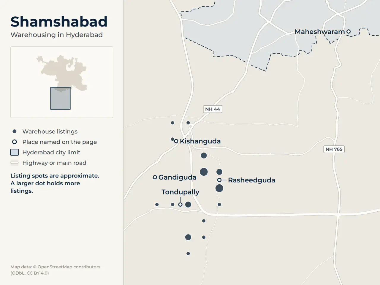 Map of Shamshabad, Hyderabad, showing where WareOnGo's warehouse listings sit around Rasheedguda, Kishanguda, Gandiguda, Tondupally and Maheshwaram