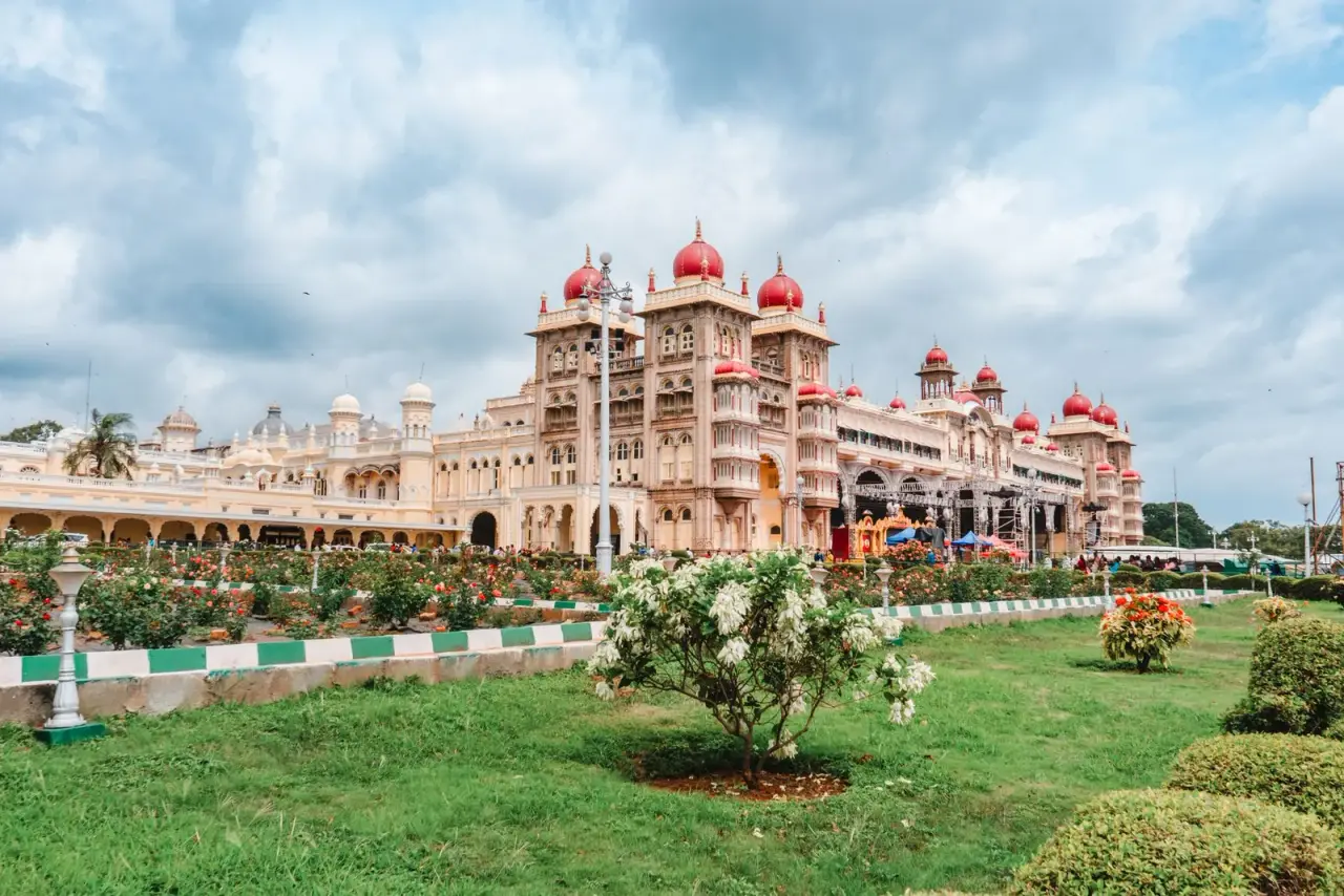 Mysore Palace and its gardens on a clear day