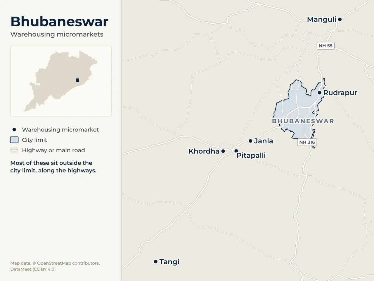 Map of Bhubaneswar marking its warehousing micromarkets: Janla, Khordha, Tangi, Manguli, Pitapalli and Rudrapur