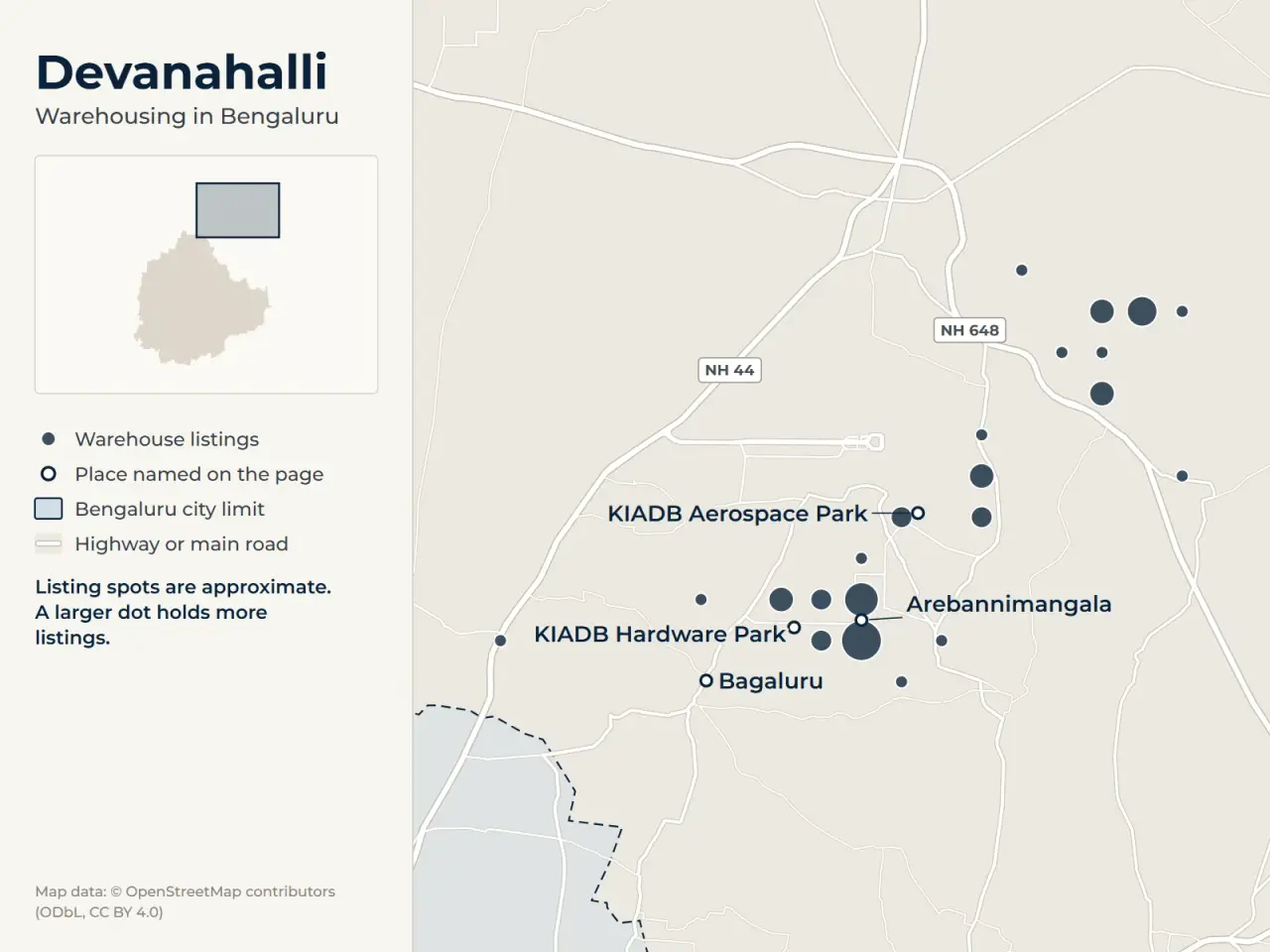 Map of Devanahalli, Bengaluru, showing where WareOnGo's warehouse listings sit around KIADB Aerospace Park, KIADB Hardware Park, Bagaluru and Arebannimangala