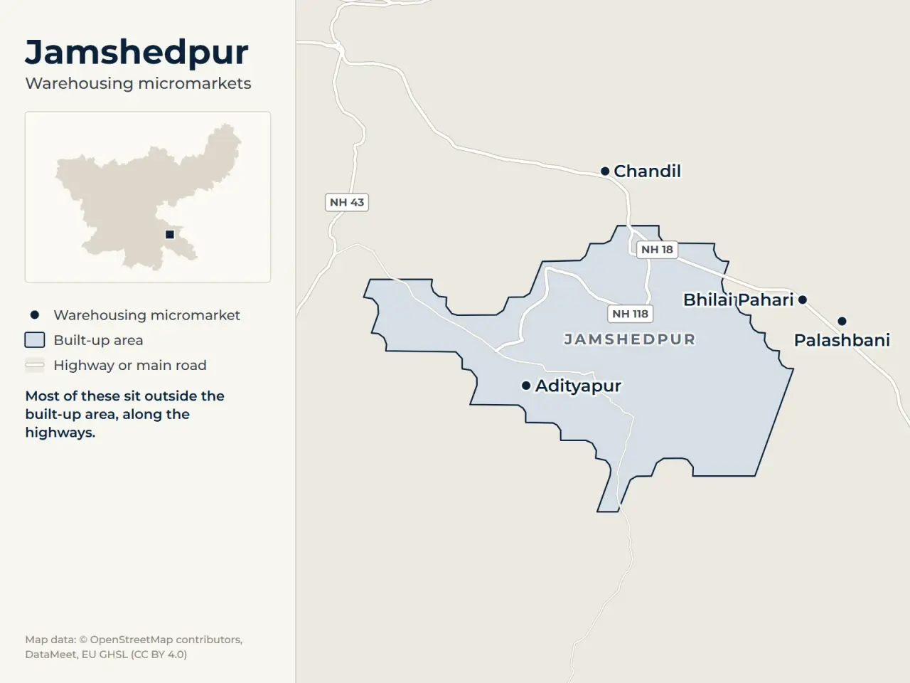 Map of Jamshedpur marking its warehousing micromarkets: Adityapur, Bhilai Pahari, Palashbani and Chandil