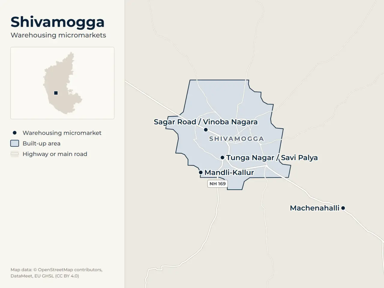 Map of Shivamogga marking its warehousing micromarkets: Mandli-Kallur, Machenahalli, Sagar Road / Vinoba Nagara and Tunga Nagar / Savi Palya