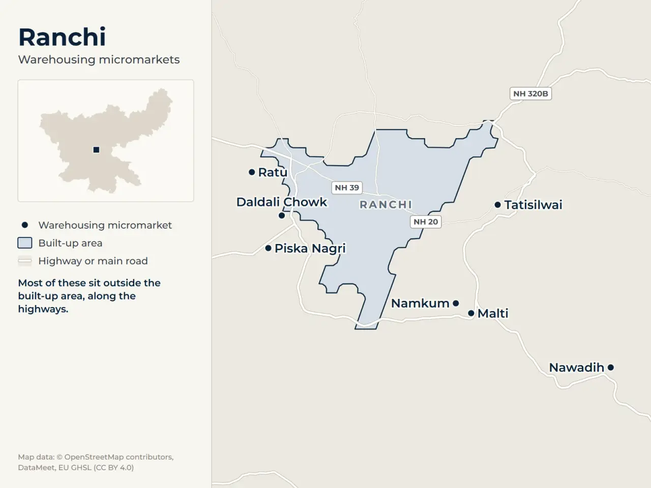 Map of Ranchi marking its warehousing micromarkets: Tatisilwai, Namkum, Daldali Chowk, Ratu, Piska Nagri, Malti and Nawadih