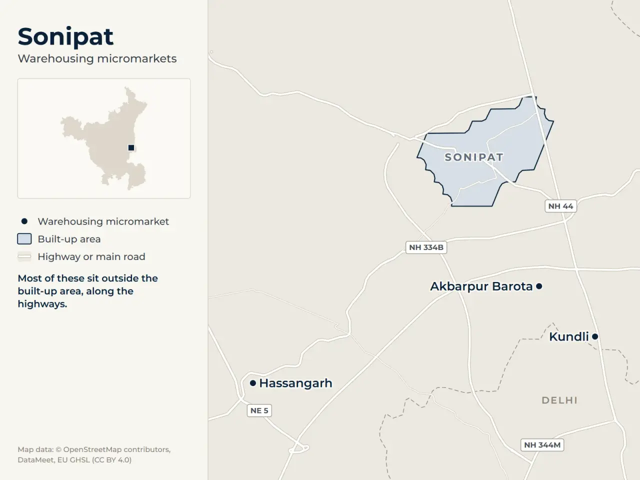 Map of Sonipat marking its warehousing micromarkets: Kundli, Akbarpur Barota and Hassangarh