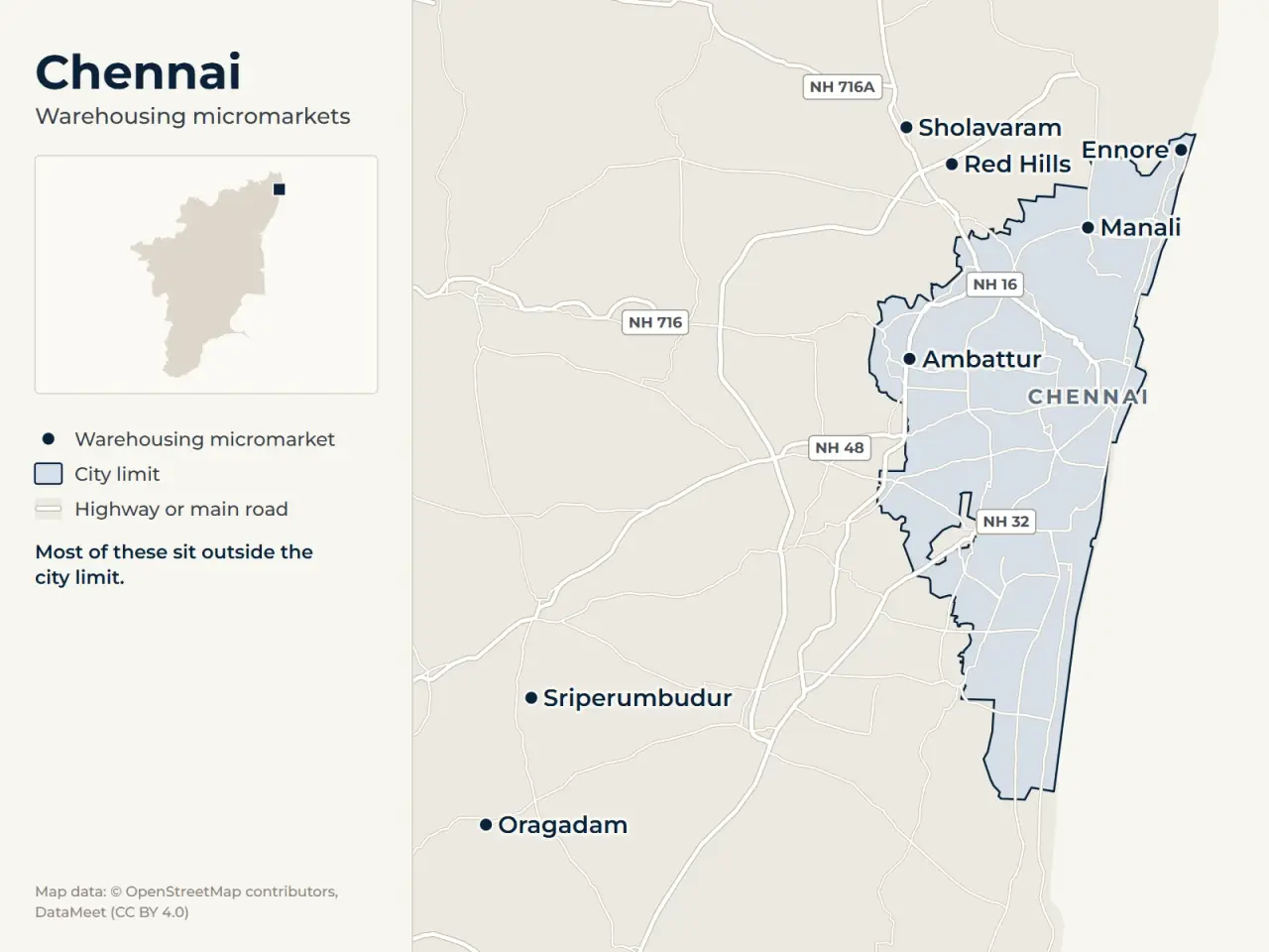 Map of Chennai marking its warehousing micromarkets: Red Hills, Sholavaram, Ennore, Manali, Sriperumbudur, Oragadam and Ambattur