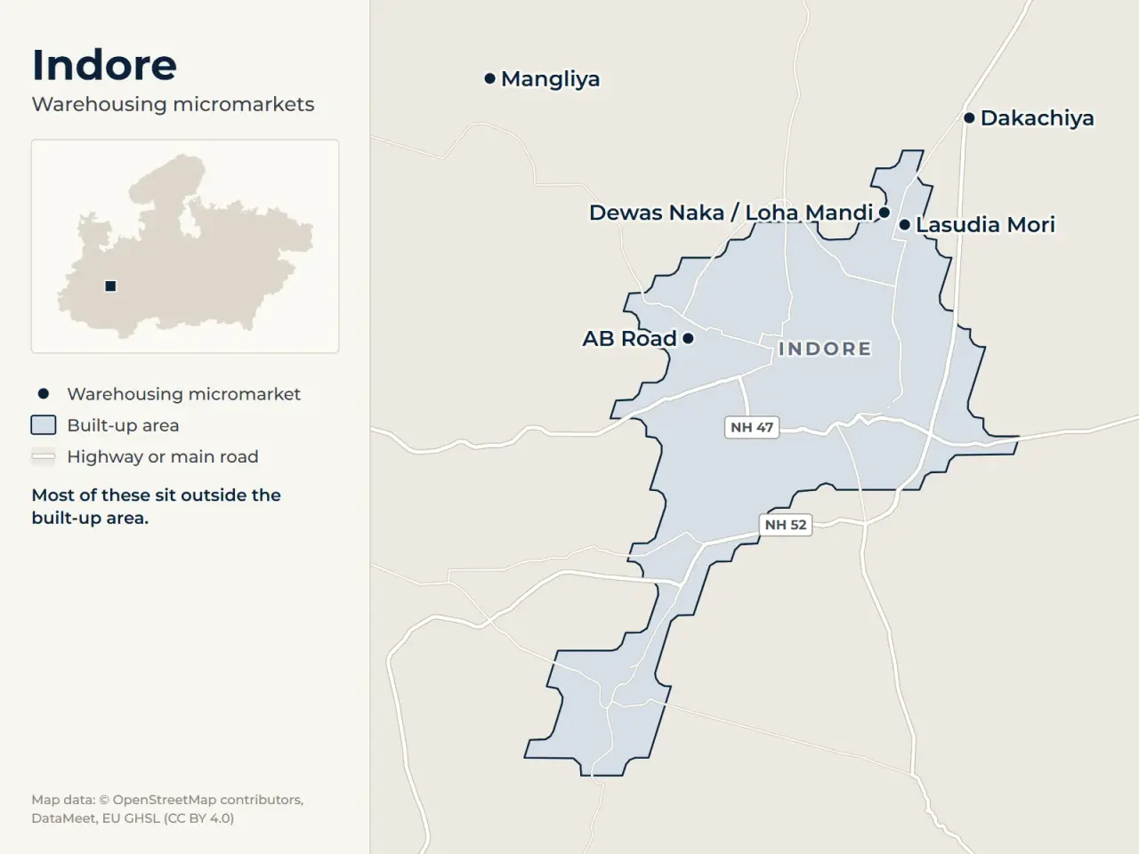 Map of Indore marking its warehousing micromarkets: AB Road, Dewas Naka / Loha Mandi, Lasudia Mori, Mangliya and Dakachiya