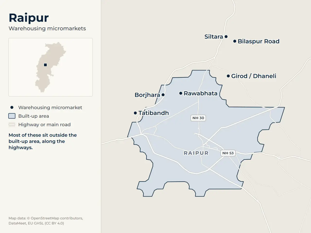 Map of Raipur marking its warehousing micromarkets: Tatibandh, Girod / Dhaneli, Siltara, Bilaspur Road, Rawabhata and Borjhara