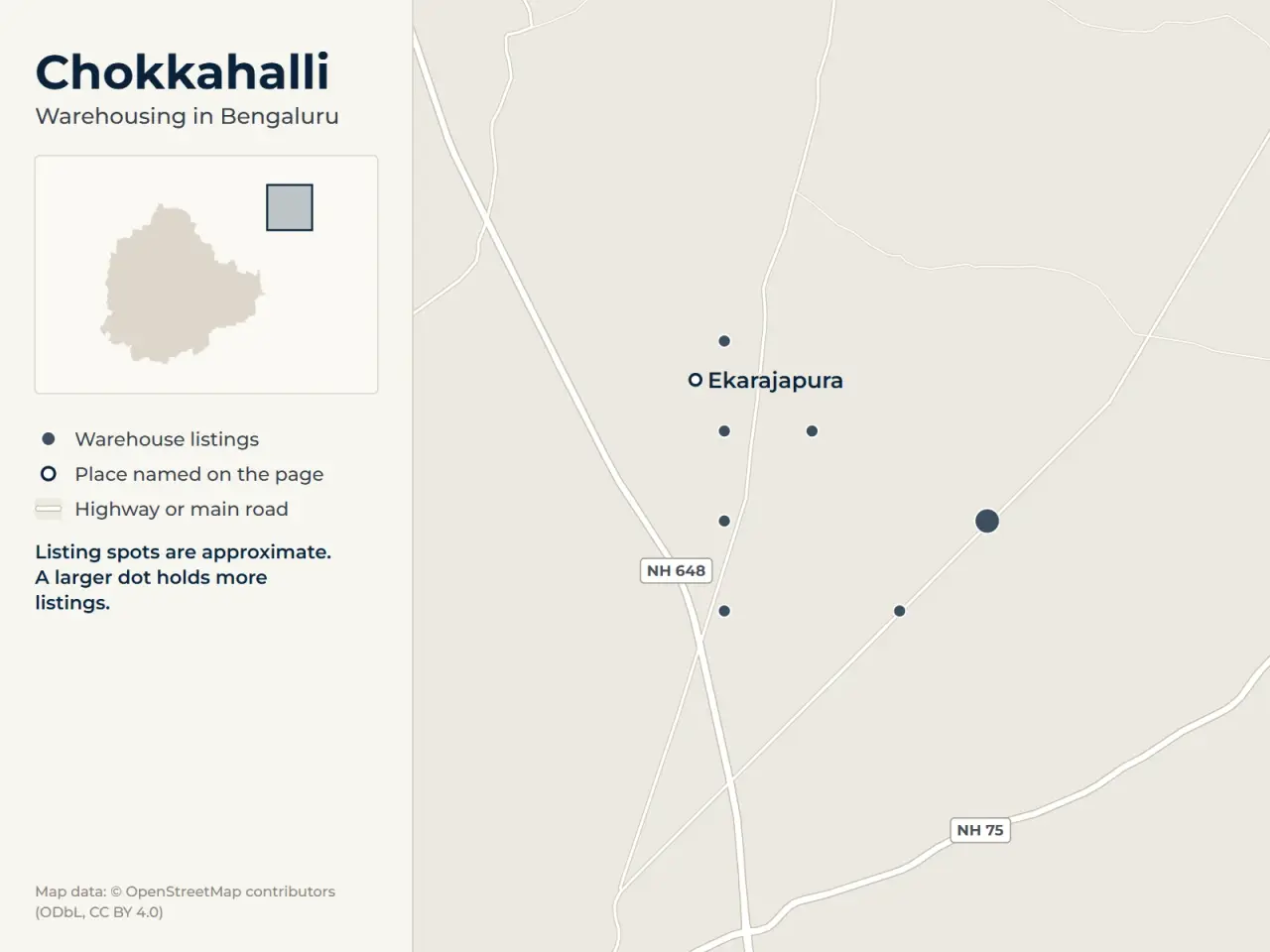 Map of Chokkahalli, Bengaluru, showing where WareOnGo's warehouse listings sit around Ekarajapura