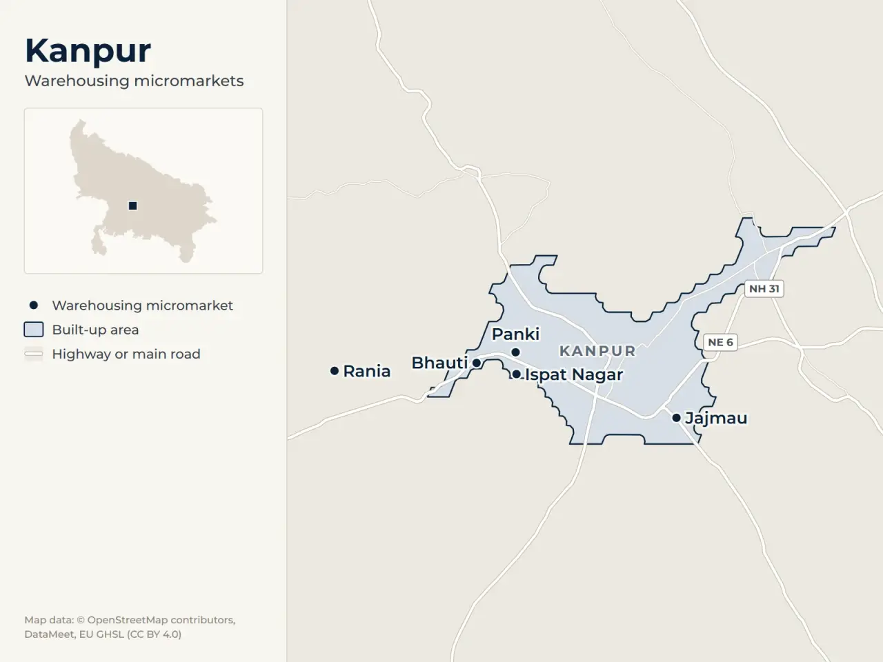 Map of Kanpur marking its warehousing micromarkets: Panki, Bhauti, Rania, Jajmau and Ispat Nagar