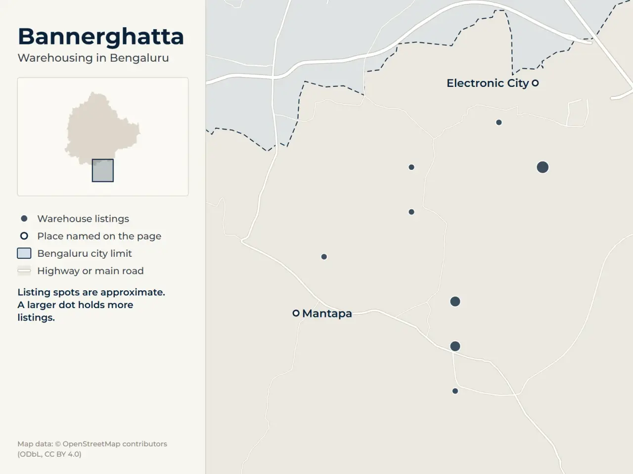 Map of Bannerghatta, Bengaluru, showing where WareOnGo's warehouse listings sit around Electronic City and Mantapa