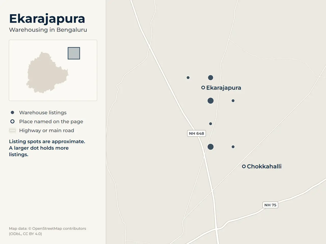 Map of Ekarajapura, Bengaluru, showing where WareOnGo's warehouse listings sit around Ekarajapura and Chokkahalli