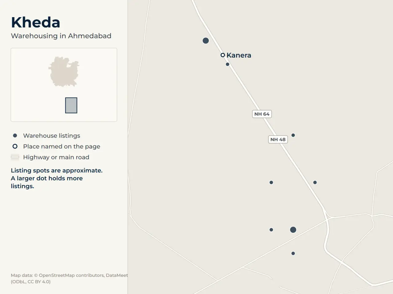 Map of Kheda, Ahmedabad, showing where WareOnGo's warehouse listings sit around Kanera