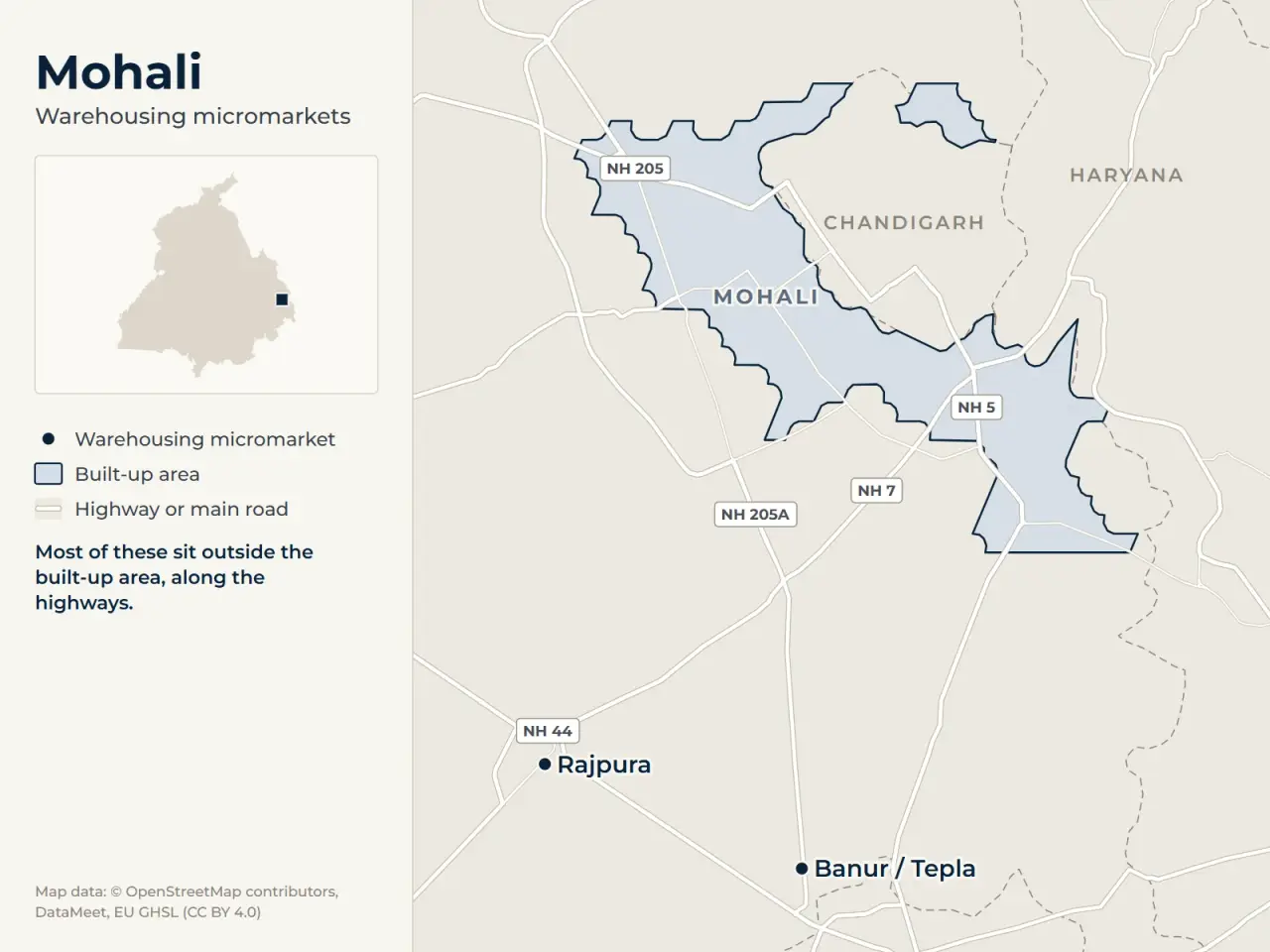 Map of Mohali marking its warehousing micromarkets: Banur / Tepla and Rajpura