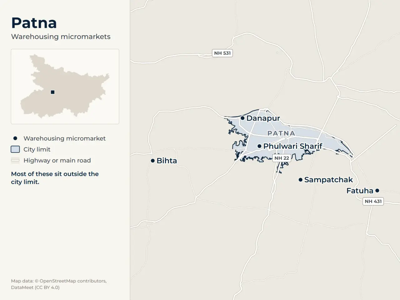 Map of Patna marking its warehousing micromarkets: Sampatchak, Phulwari Sharif, Fatuha, Danapur and Bihta
