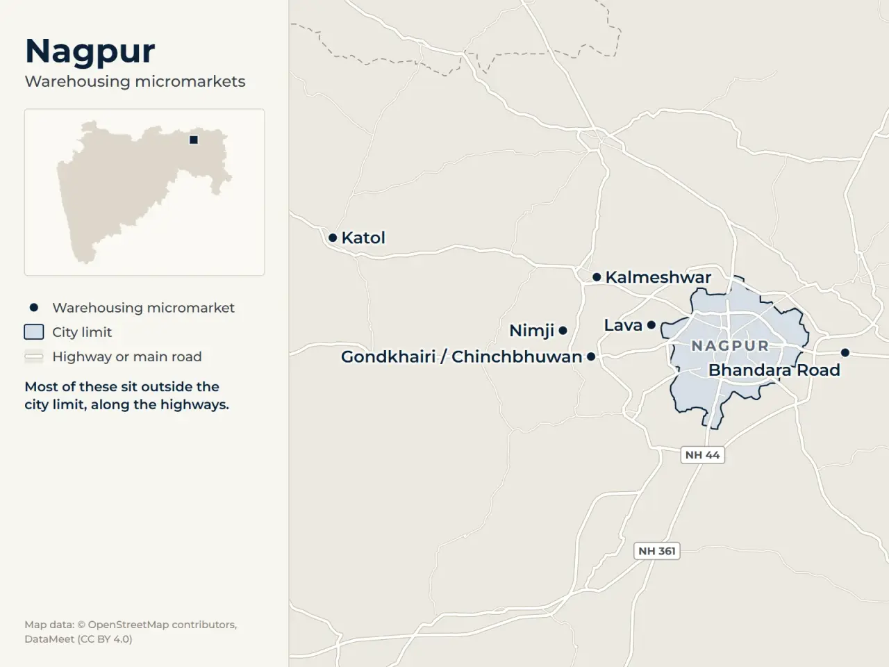Map of Nagpur marking its warehousing micromarkets: Bhandara Road, Kalmeshwar, Gondkhairi / Chinchbhuwan, Katol, Lava and Nimji