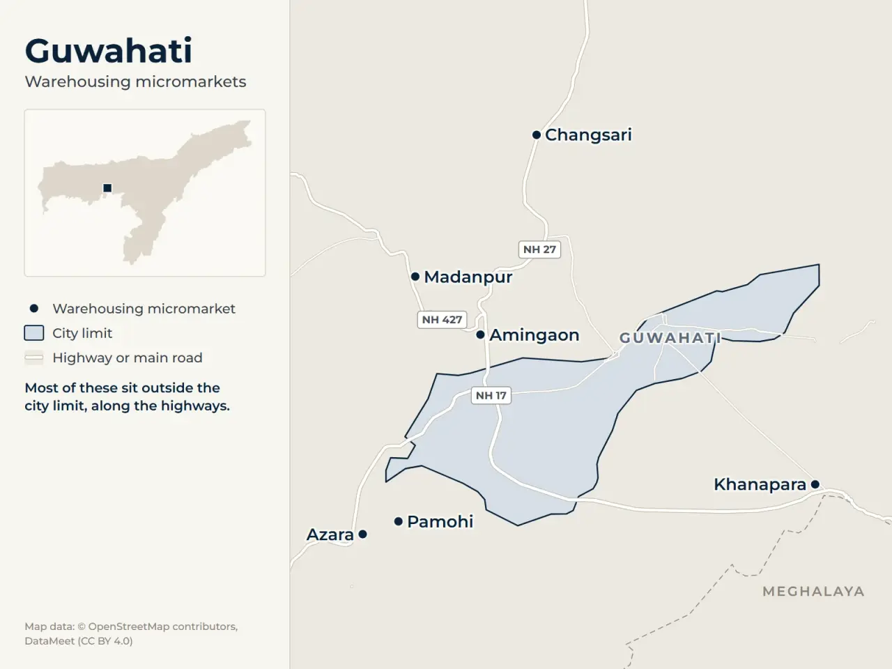 Map of Guwahati marking its warehousing micromarkets: Changsari, Amingaon, Azara, Pamohi, Khanapara and Madanpur