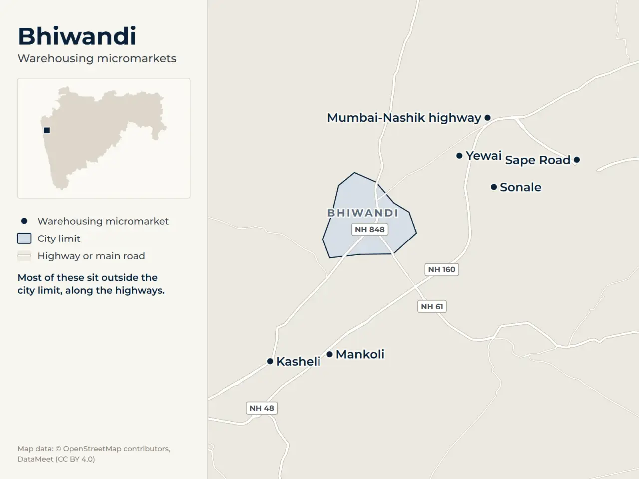 Map of Bhiwandi marking its warehousing micromarkets: Mumbai-Nashik highway, Mankoli, Kasheli, Sonale, Yewai and Sape Road