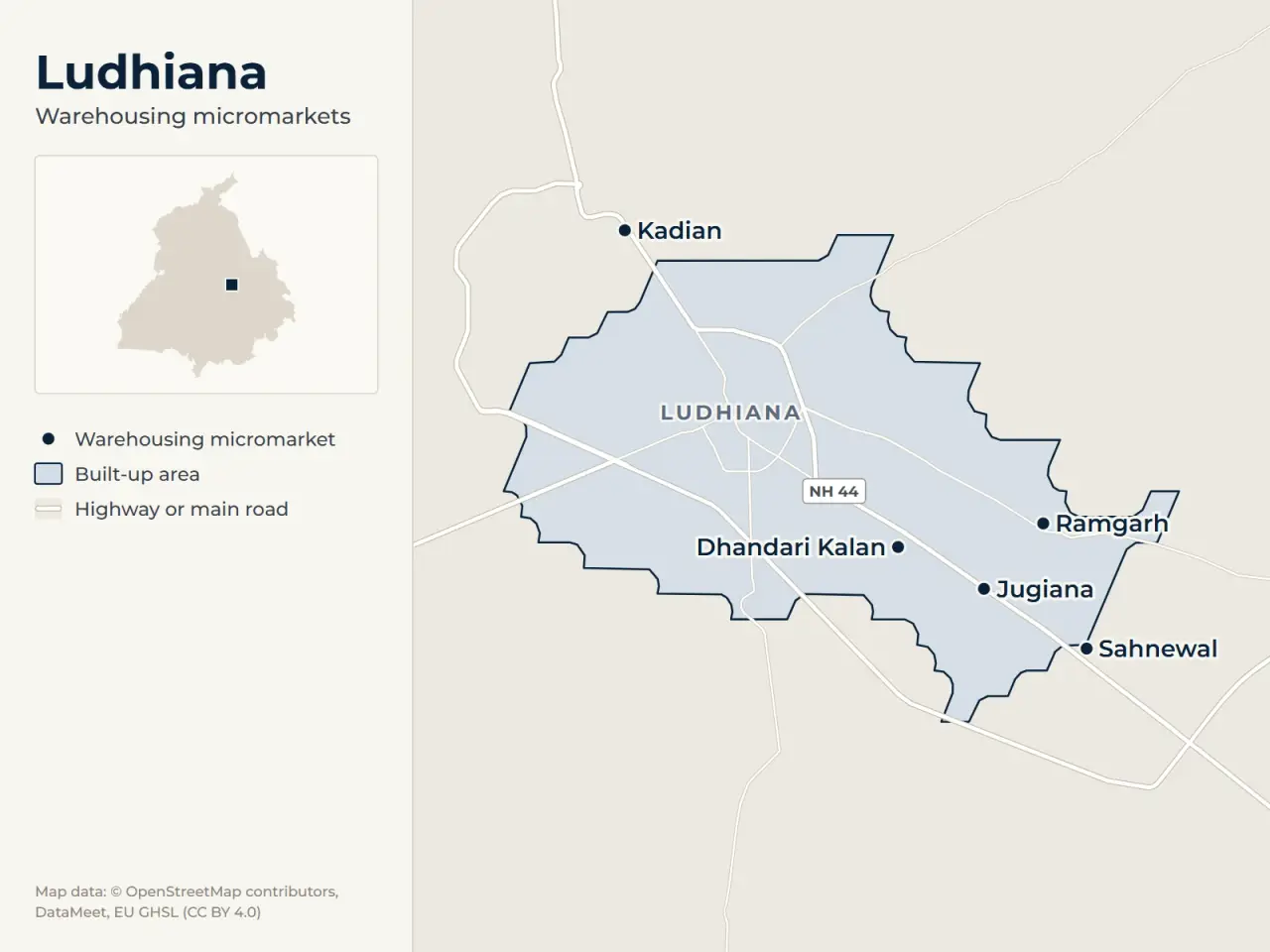 Map of Ludhiana marking its warehousing micromarkets: Dhandari Kalan, Jugiana, Sahnewal, Ramgarh and Kadian