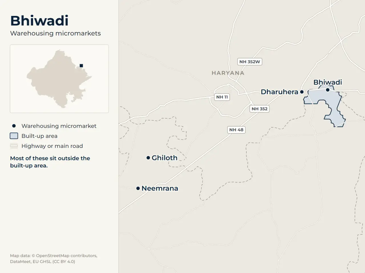 Map of Bhiwadi marking its warehousing micromarkets: Dharuhera, Bhiwadi, Ghiloth and Neemrana